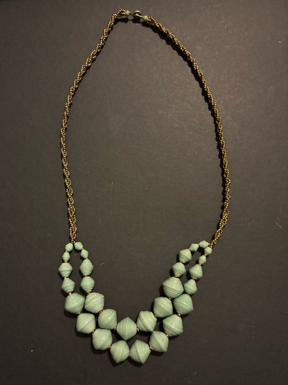 Mint Green Beaded Layered Necklace with Bronze Accents